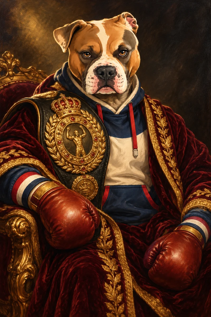 Oil portrait of the champion: the American Bully in robe and championship belt